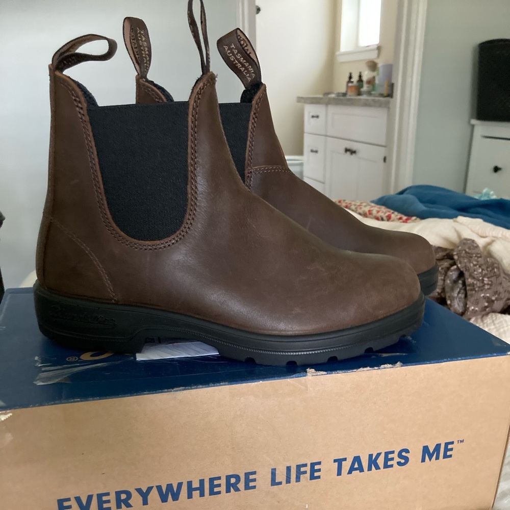 Blundstone boots! Color is antique brown